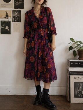 Vintage Floral Dress Montage By Mosaic Indie Large Chiffon Ruffle 80s